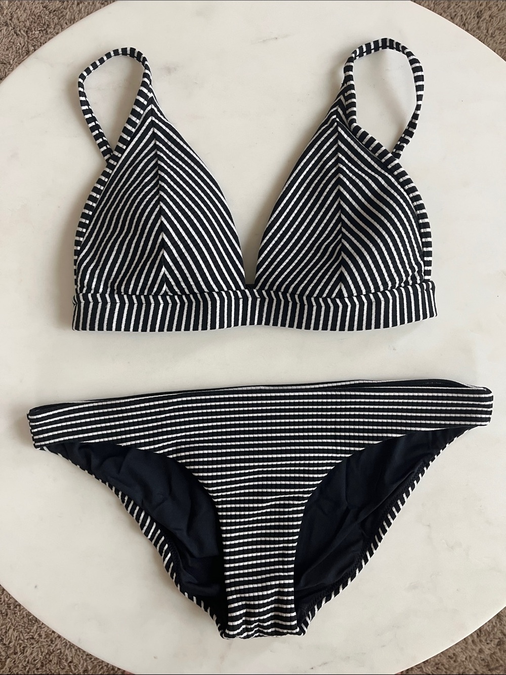 Bikini Set, Medium, Black, White, Striped, Adjustable Straps, Low-Rise Bottoms